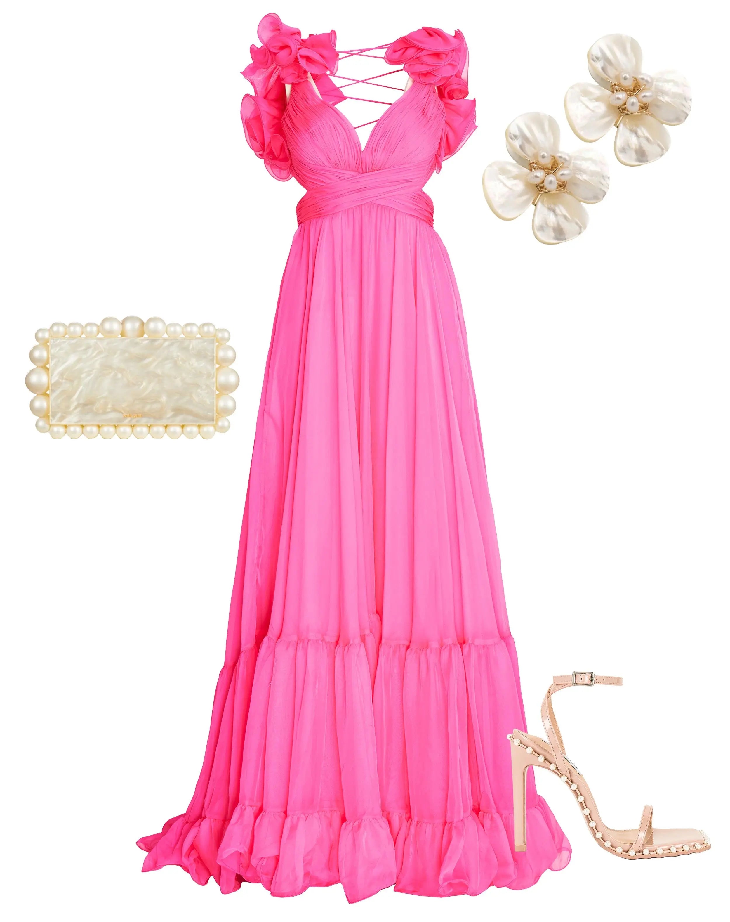 Dark Pink Ruffle Tiered Cut-Out Chiffon Gown - FINAL SALE
