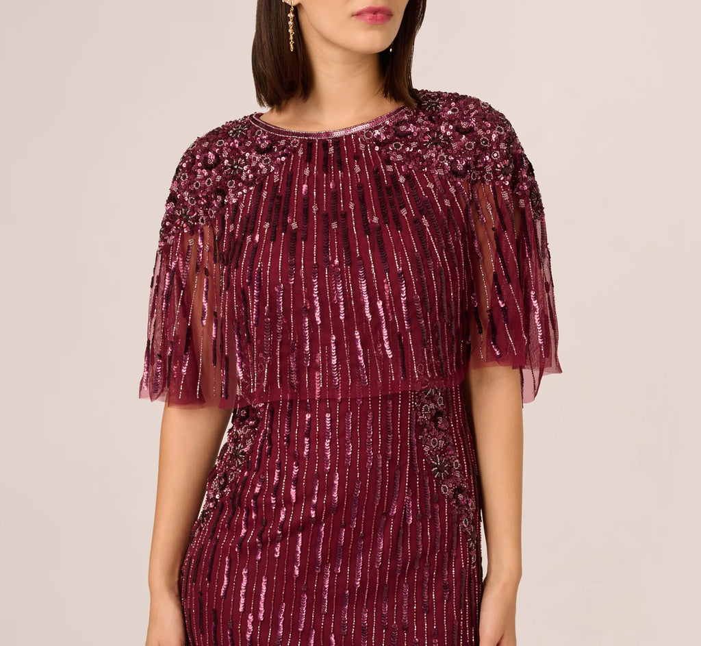 Linear Bead Cape Column Gown In Mahogany