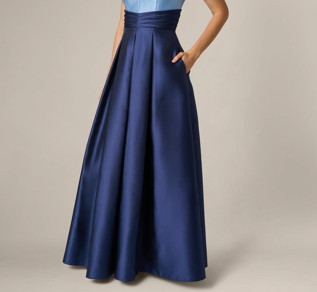 Sleeveless Color Block Tuxedo Ballgown In Icy Topaz Navy
