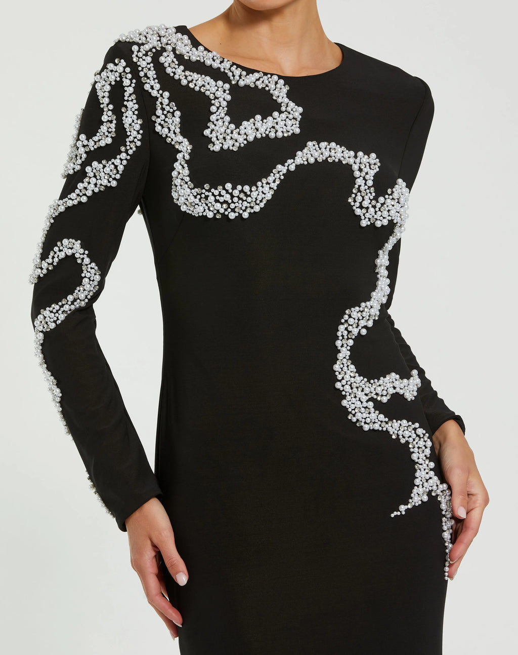 Black Jersey Evening Gown With Beaded Swirl Detail