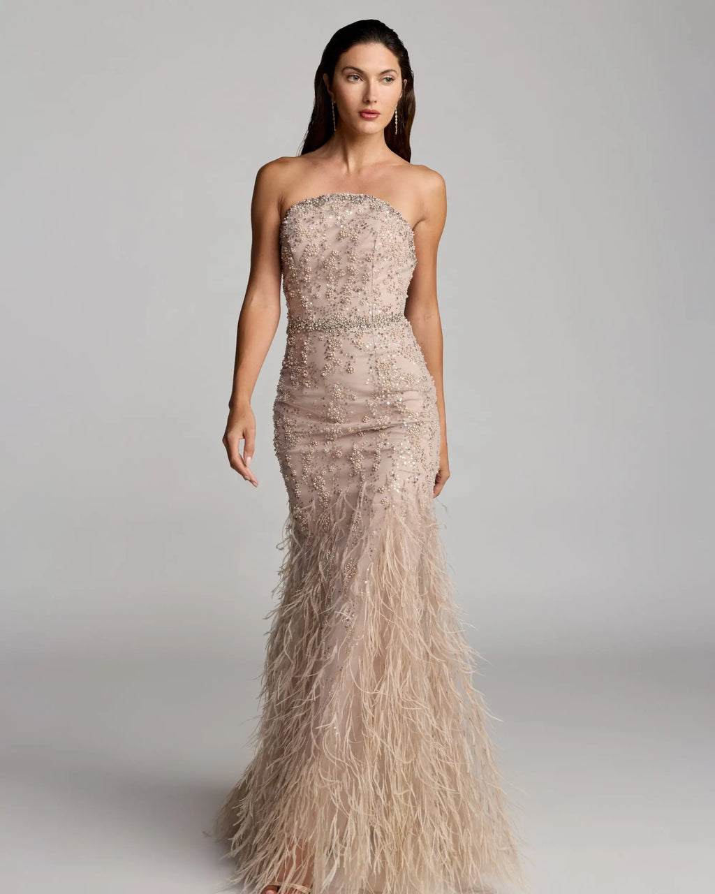 Beige Strapless Embellished Mermaid Gown With Feather Hem