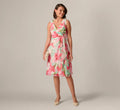 Sleeveless Draped Floral Chiffon Midi Sheath Dress In Coral Green Multi