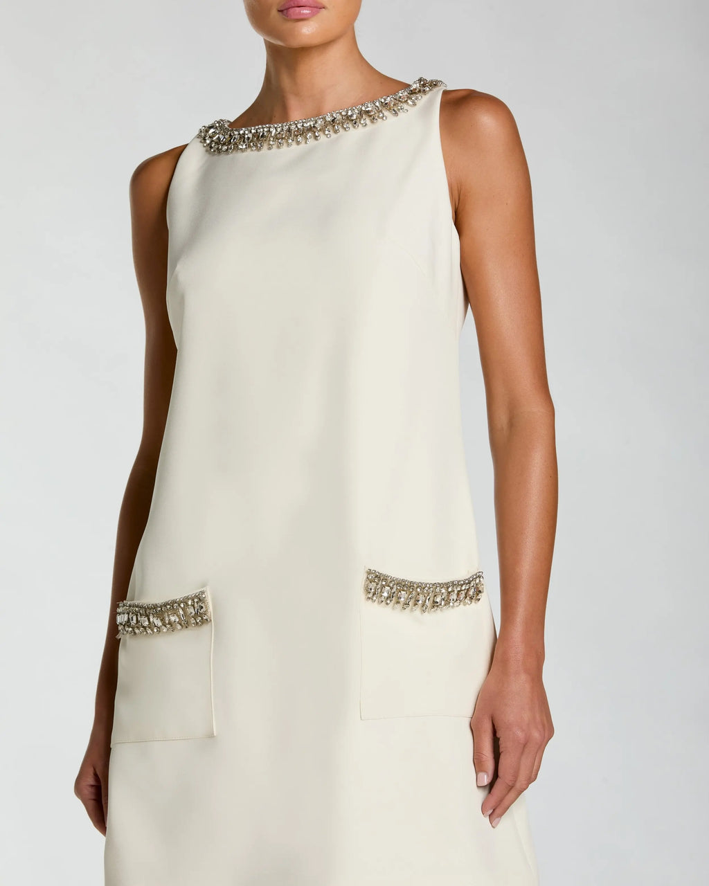 Ivory Sleeveless Shift Mini Dress with Rhinestone Trim