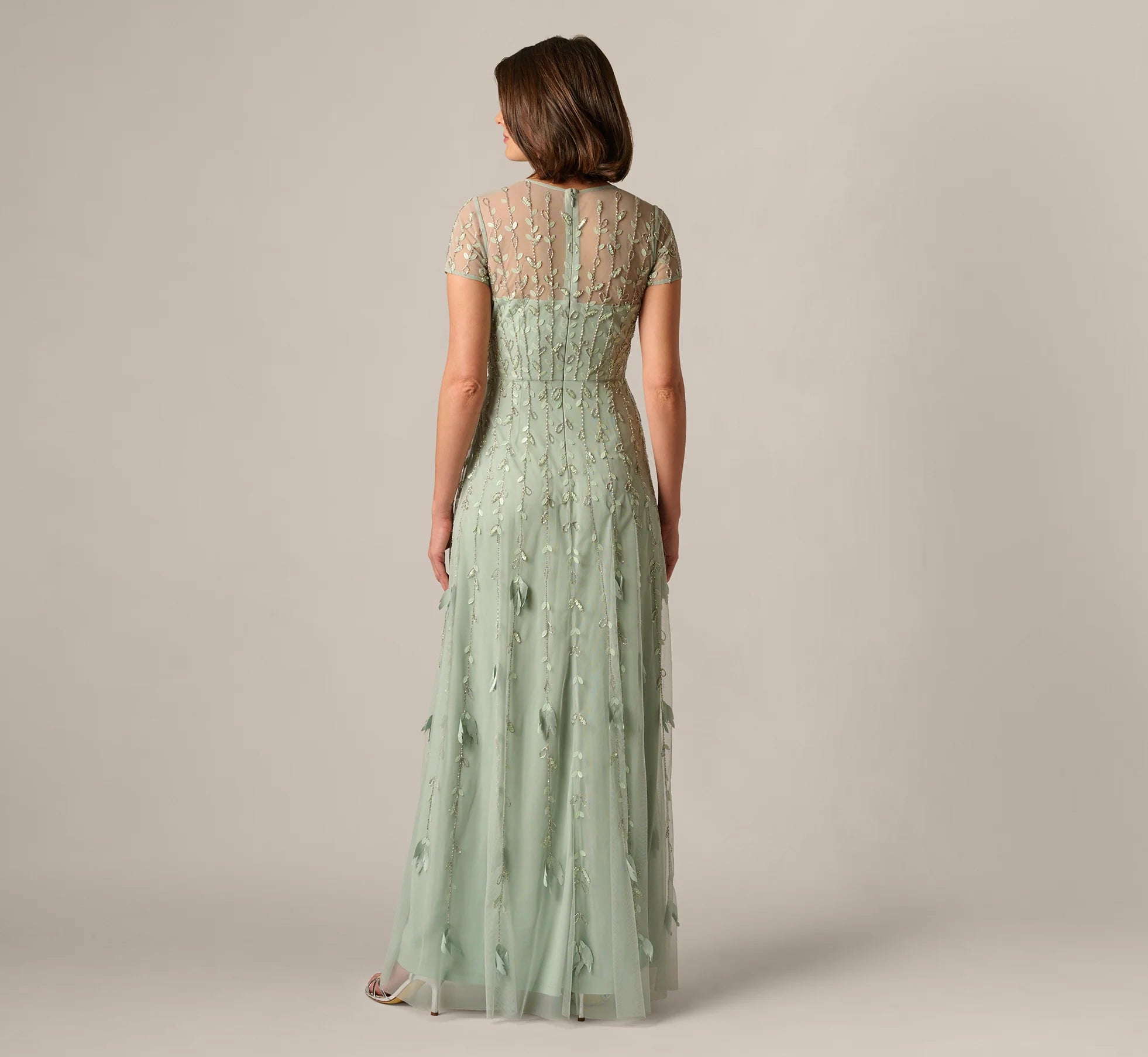 Short Sleeve 3D Beaded Vine Gown In Icy Sage