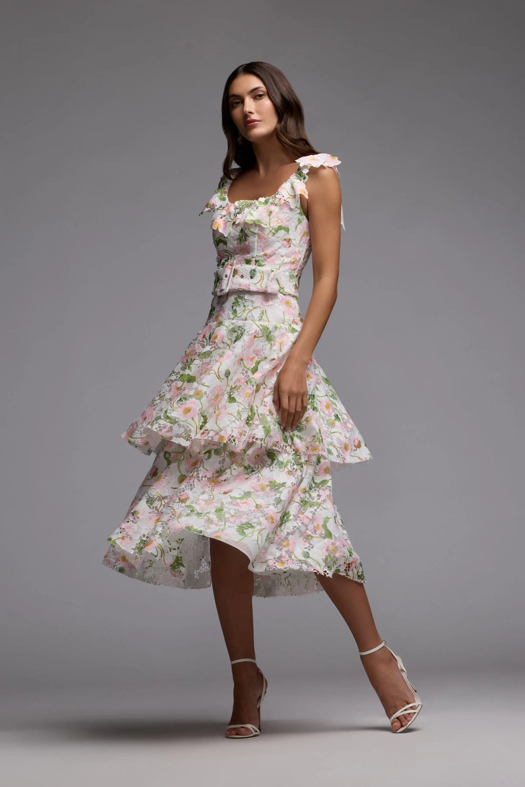 White Multicolor Floral Lace Tiered Midi Dress