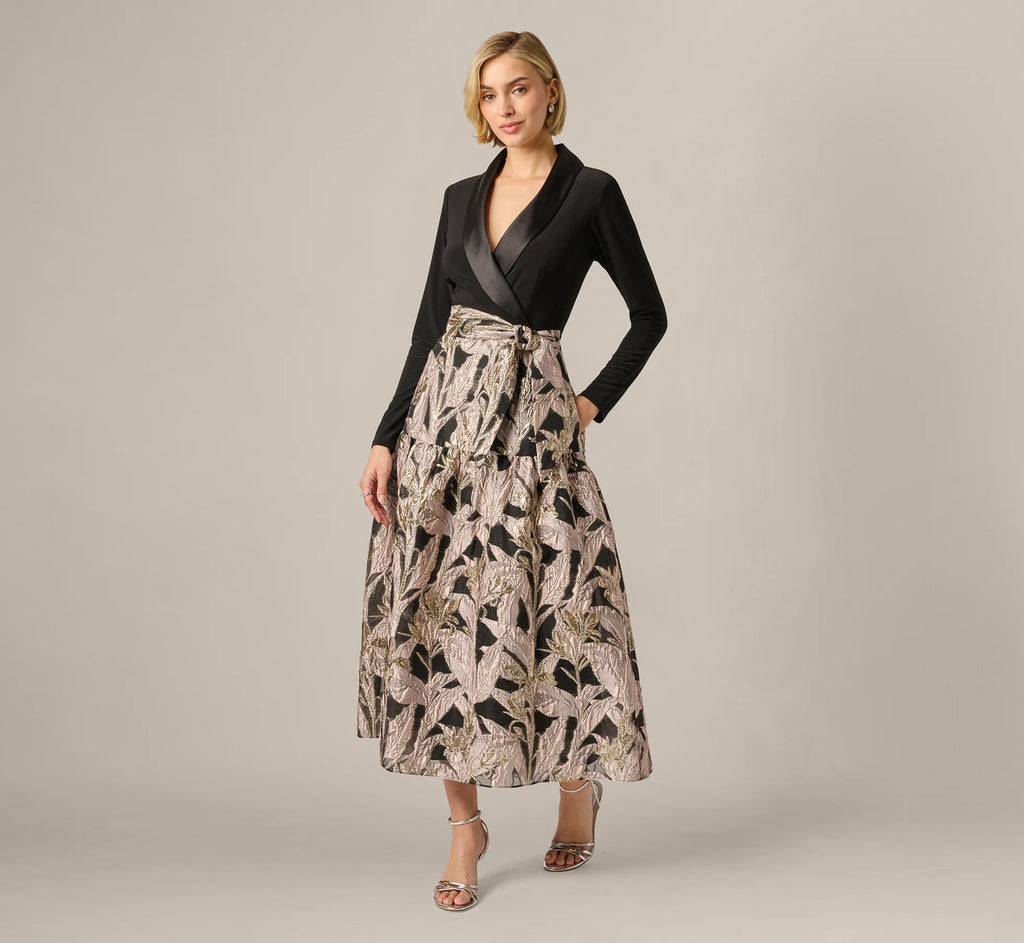 Long Sleeve Combo Tuxedo Ankle Length Gown In Black Blush