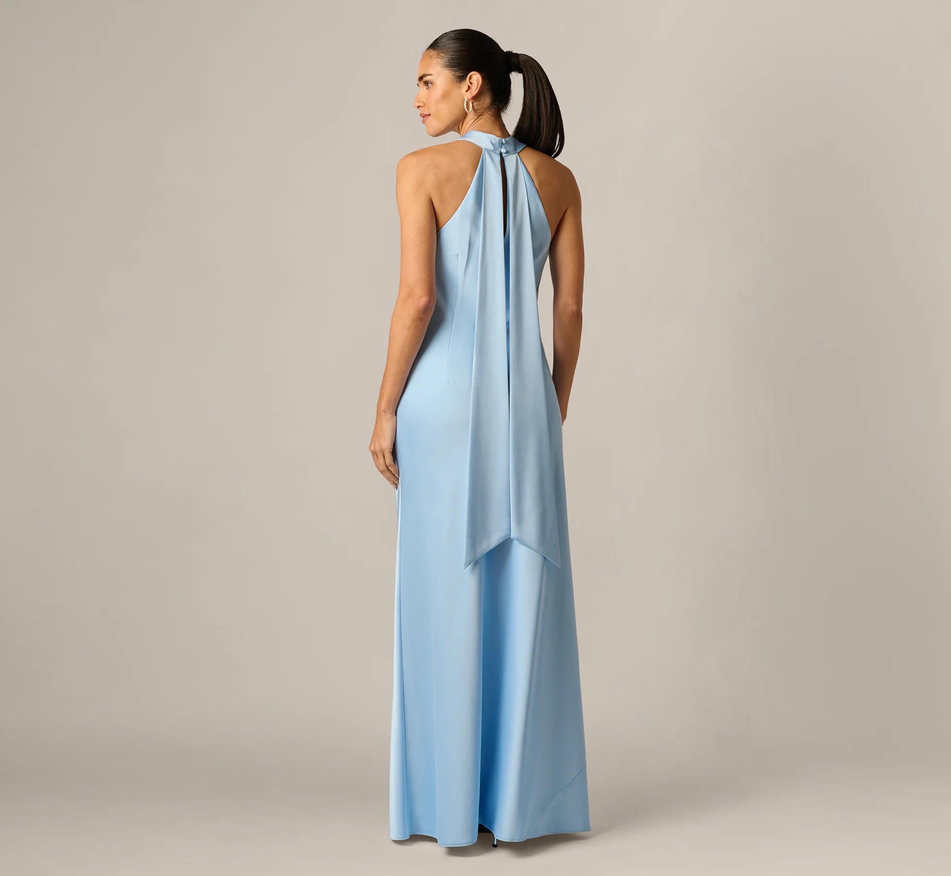 Bias Cut Stretch Satin Scarf Halter Gown In Azure Blue