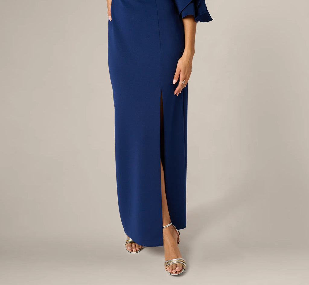 Sculpted Bell Sleeve Column Gown In Navy Sateen