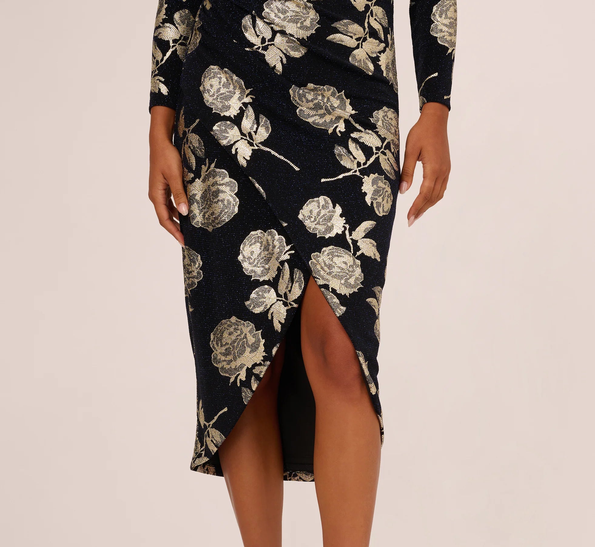 Long Sleeve Stretch Metallic Rose Floral Midi Dress In Navy Gold