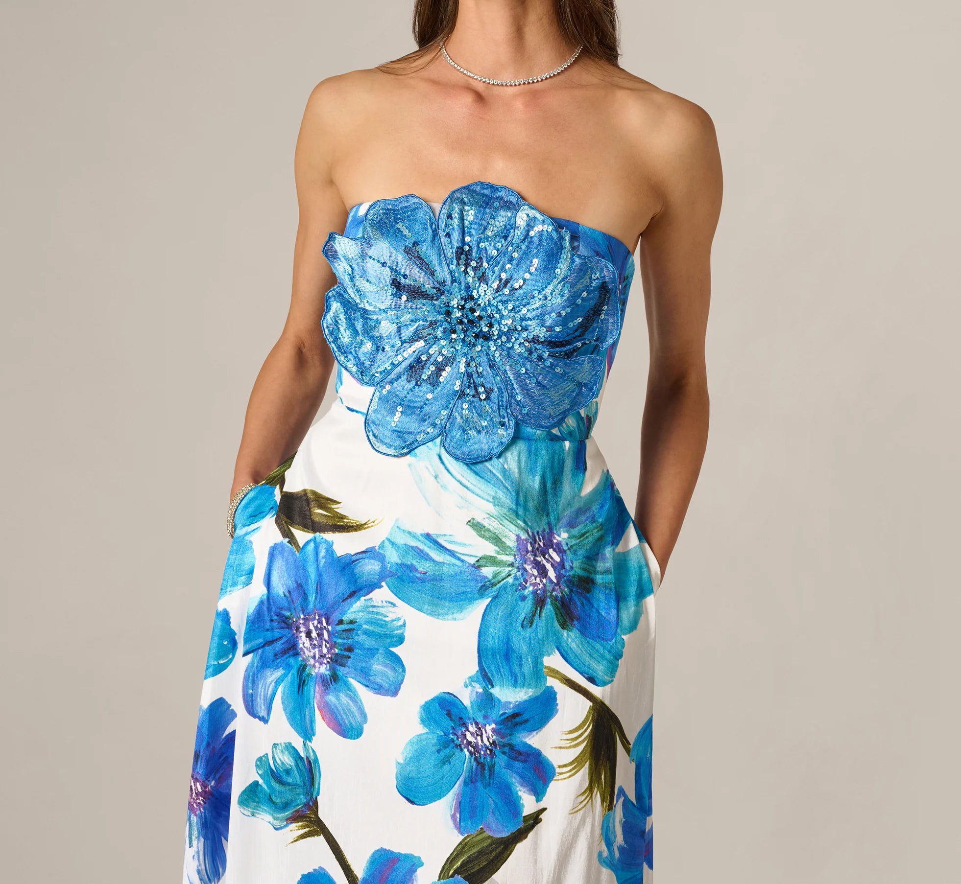 Strapless 3D Floral Beaded Dupioni Gown In Ivory Blue Multi