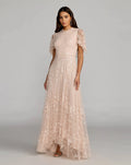 Sequined High Neck Flutter Sleeve A Line Gown