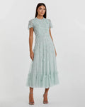 Blue Embellished High Neck Flutter Sleeve A Line Dress