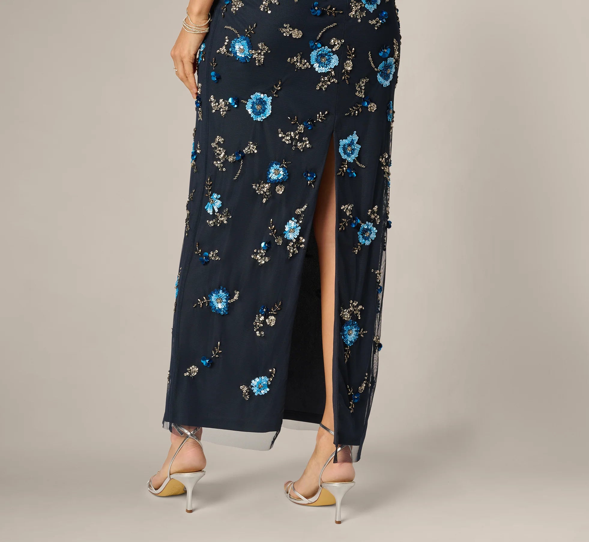 Flutter Sleeve Floral Beaded Column Gown In Midnight Multi