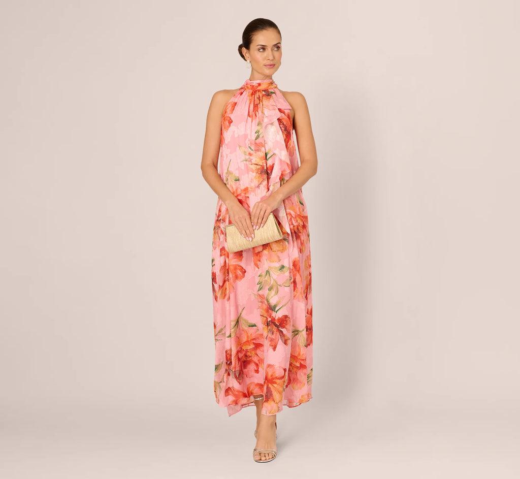 Floral Chiffon Trapeze Halter Gown In Pink Multi