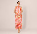 Floral Chiffon Trapeze Halter Gown In Pink Multi