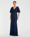 Navy Flutter Sleeve Embellished Lace Gown