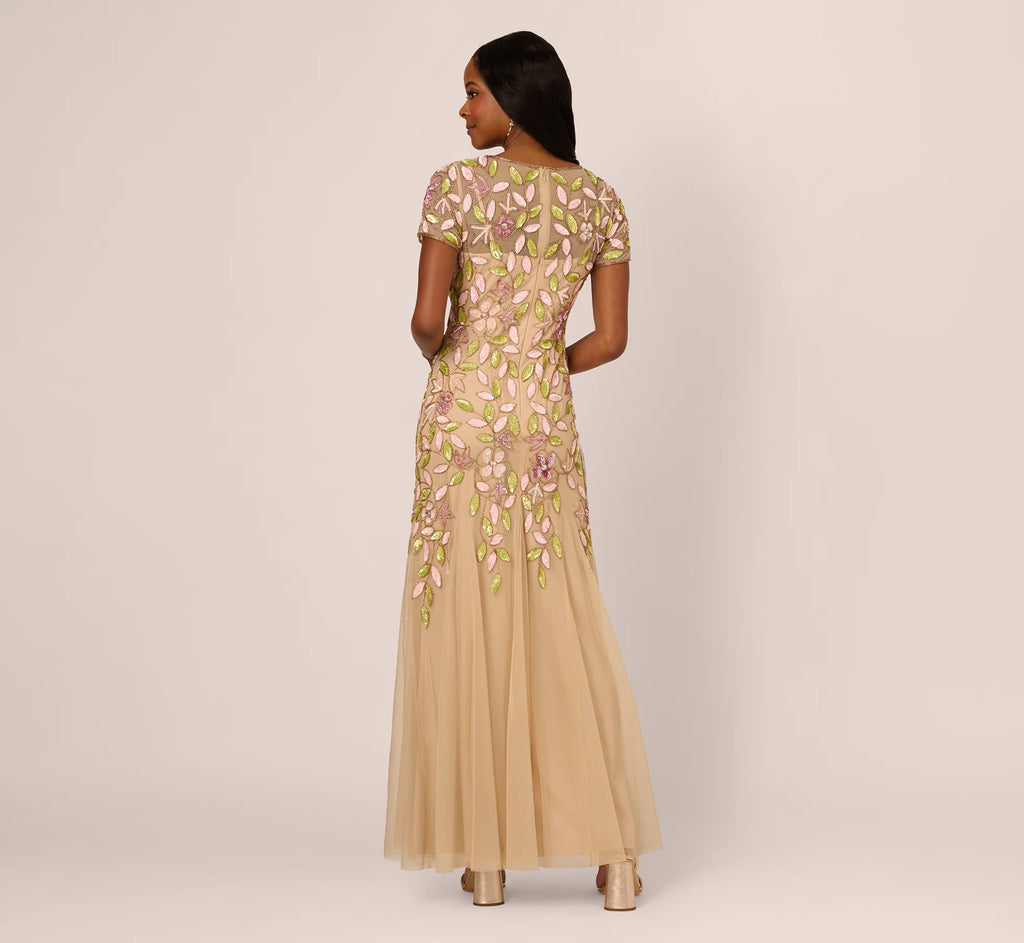 Short Sleeve Vine Beaded Godet Gown In Nude Multi