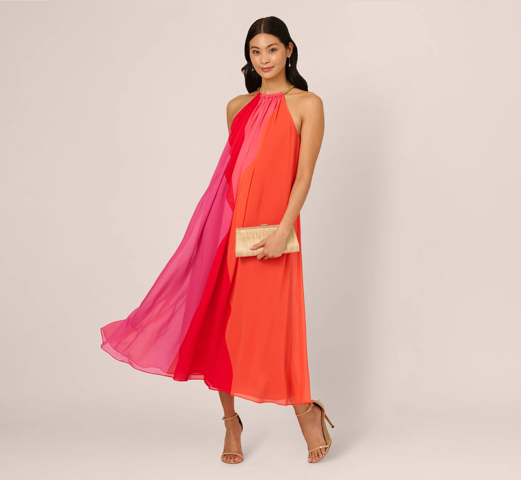 Color Block Chiffon Trapeze Dress With Chain Halter Neckline In Red Multi