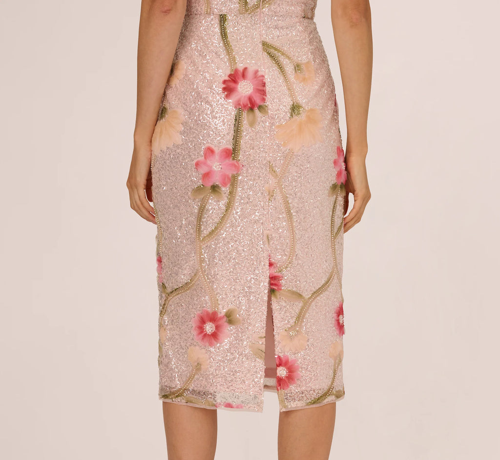 Sequin Floral Midi Sheath Dress In Silver Blush Multi