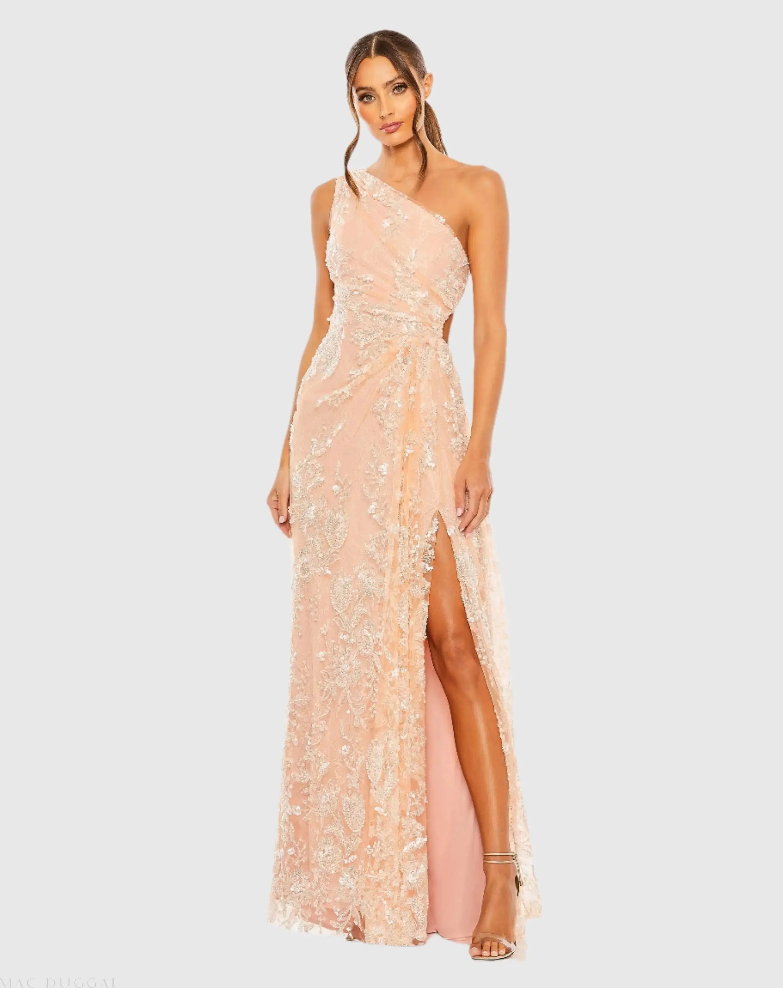 Pink One Shoulder Side Cut Embellished Gown