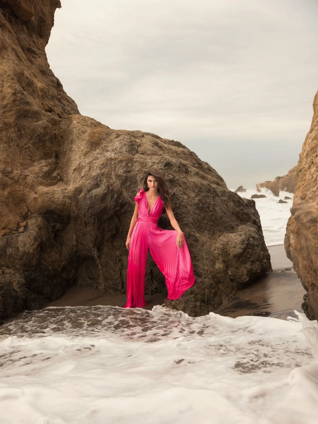 Pink Ruffle Cap Sleeve Cutout Heat Pleated Jumpsuit
