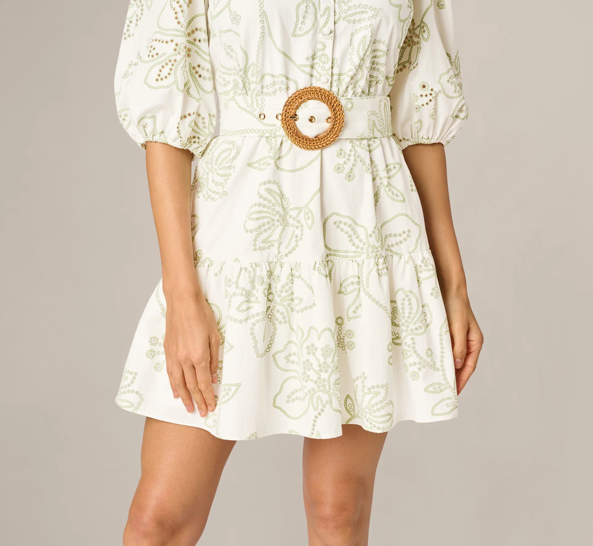 Cotton Floral Eyelet Belted Short Dress In Ivory Sage