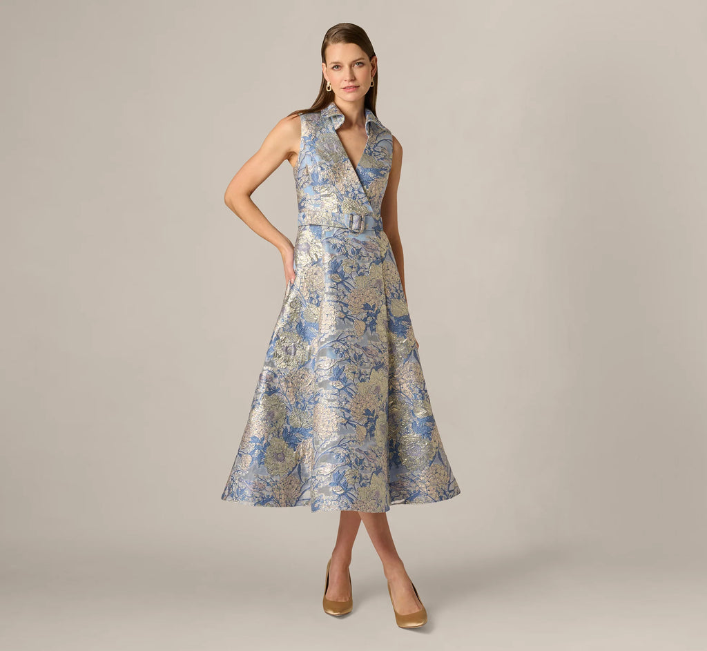 Hydrangea Floral Jacquard Collared Midi Dress In Blue Multi