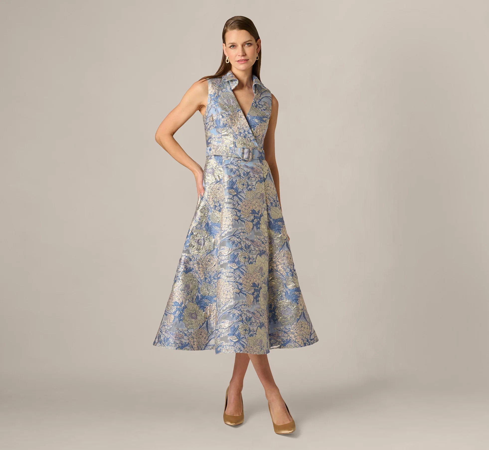 Hydrangea Floral Jacquard Collared Midi Dress In Blue Multi