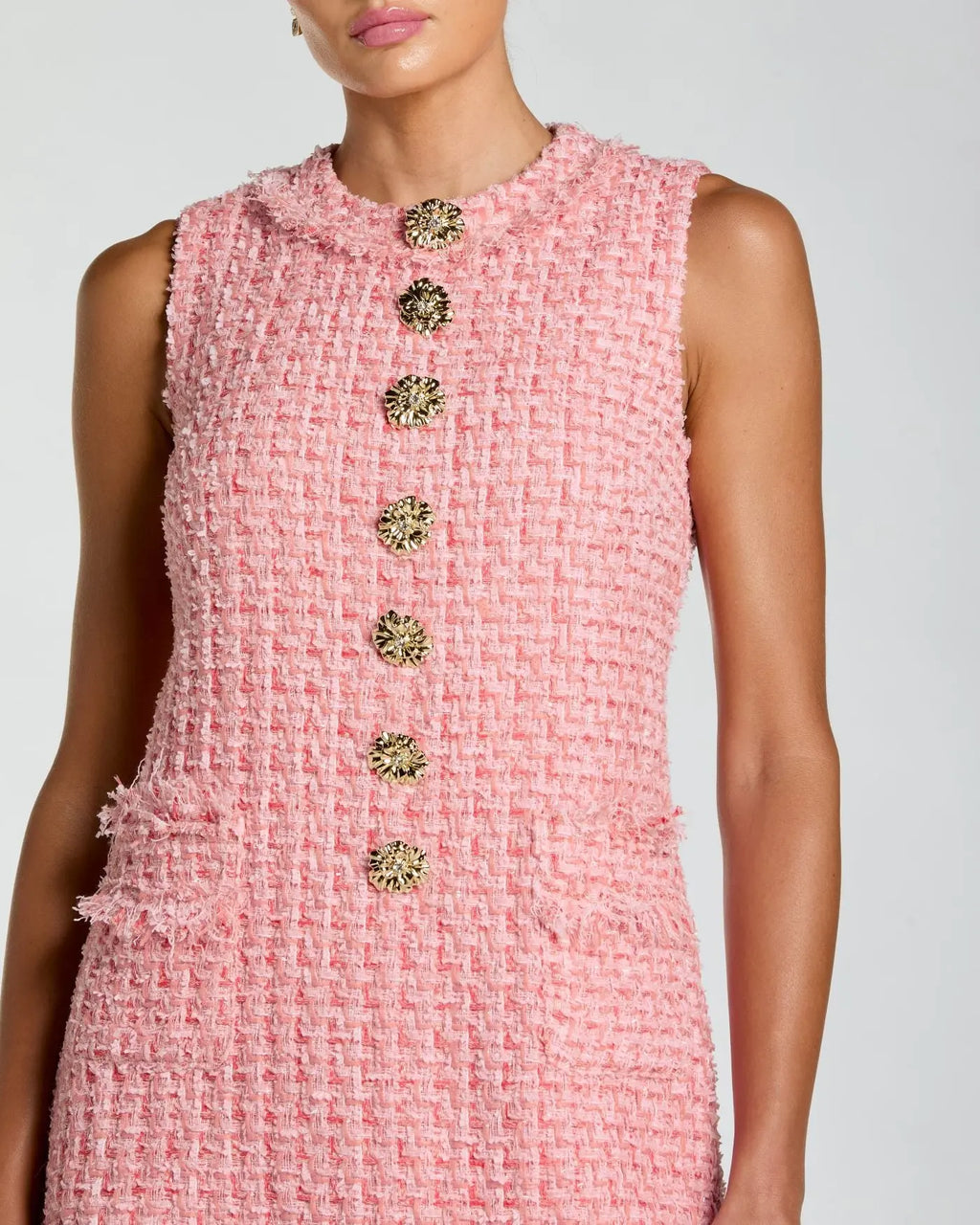 Pink Boucle Sleeveless Mini Dress with Gold Buttons