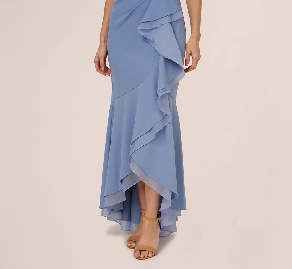 High Low Crepe Halter Gown With Organza Draping In French Blue
