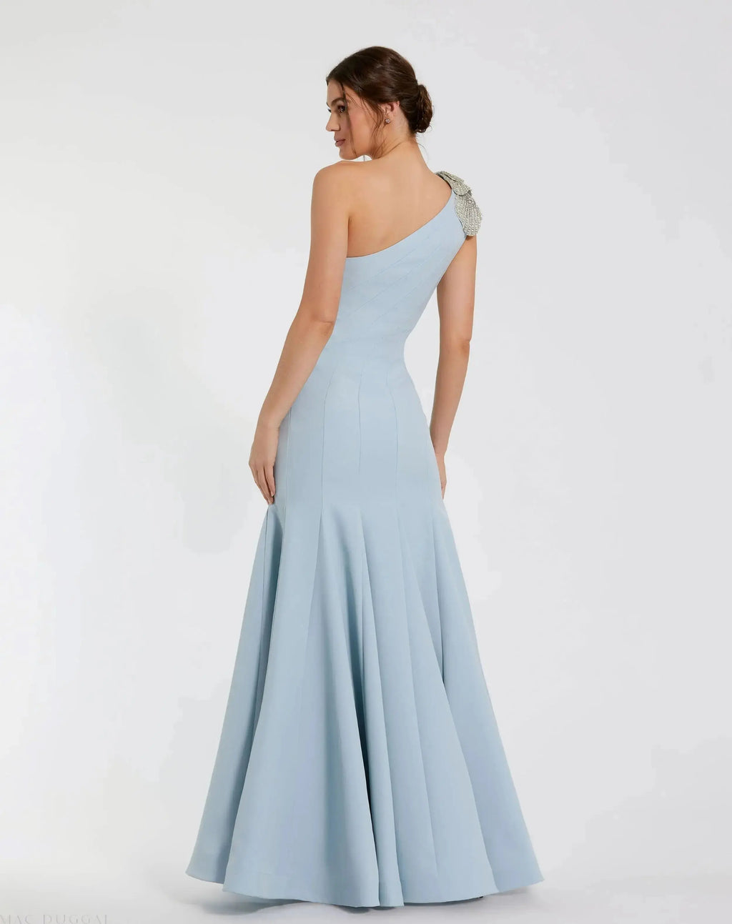 Petite Blue Crepe One Shoulder Mermaid Gown With Flower
