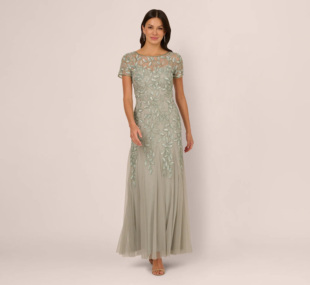 Hand Beaded Short Sleeve Floral Godet Gown In Frosted Sage