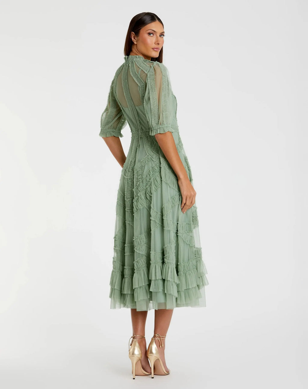 Petite Green High Neck Ruffle Tiered A-Line Midi Dress