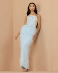Blue Embellished Strapless Feather Gown