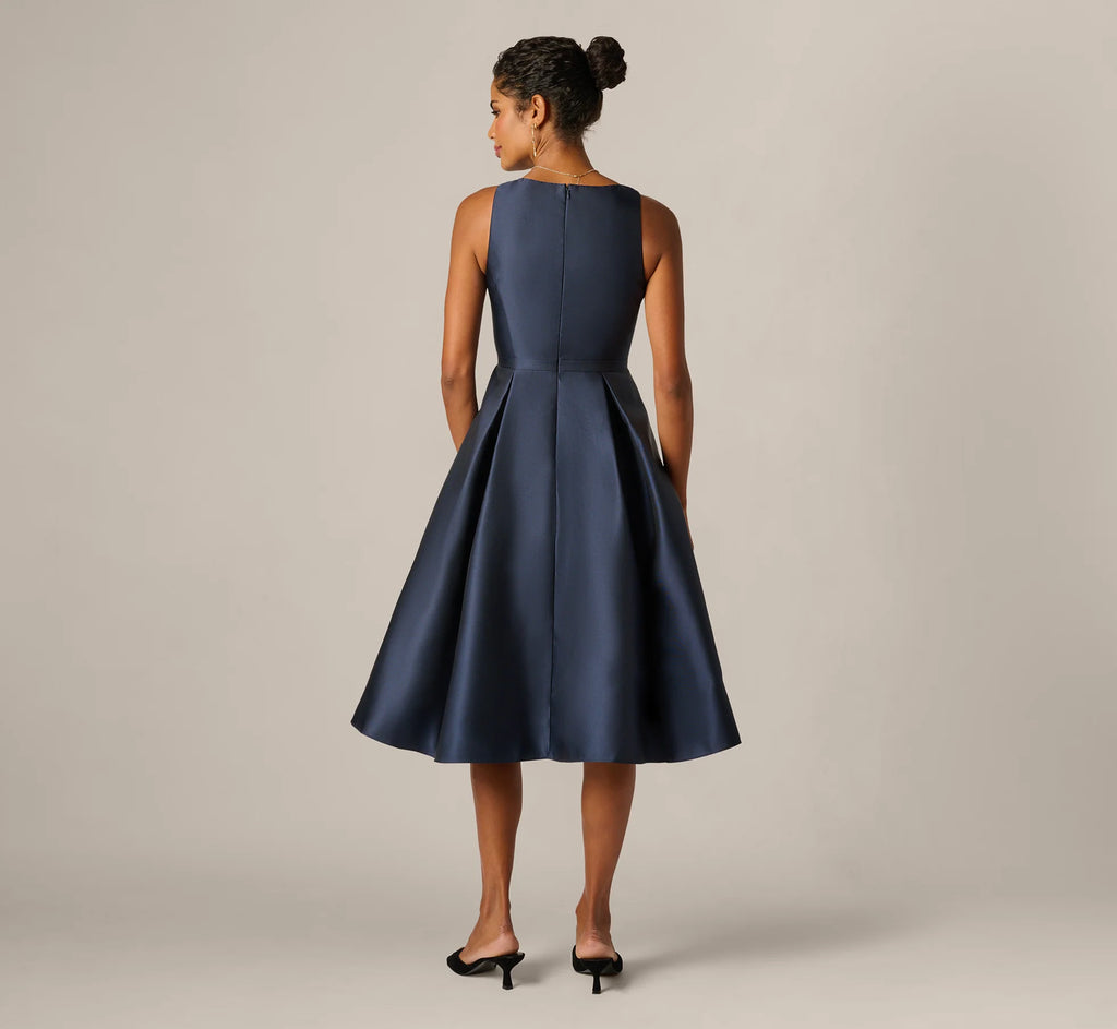 Mikado Bow Waist Fit And Flare Midi Dress In Midnight