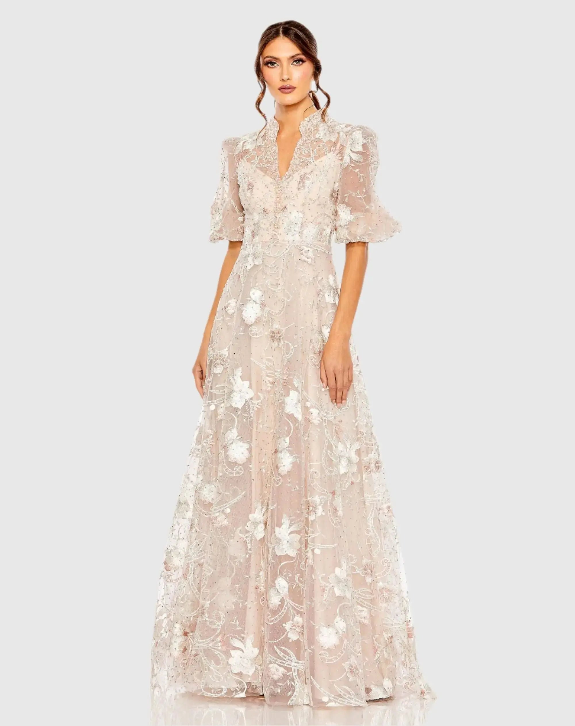 Petite Pink Queen Anne Puff Sleeve A-Line Gown
