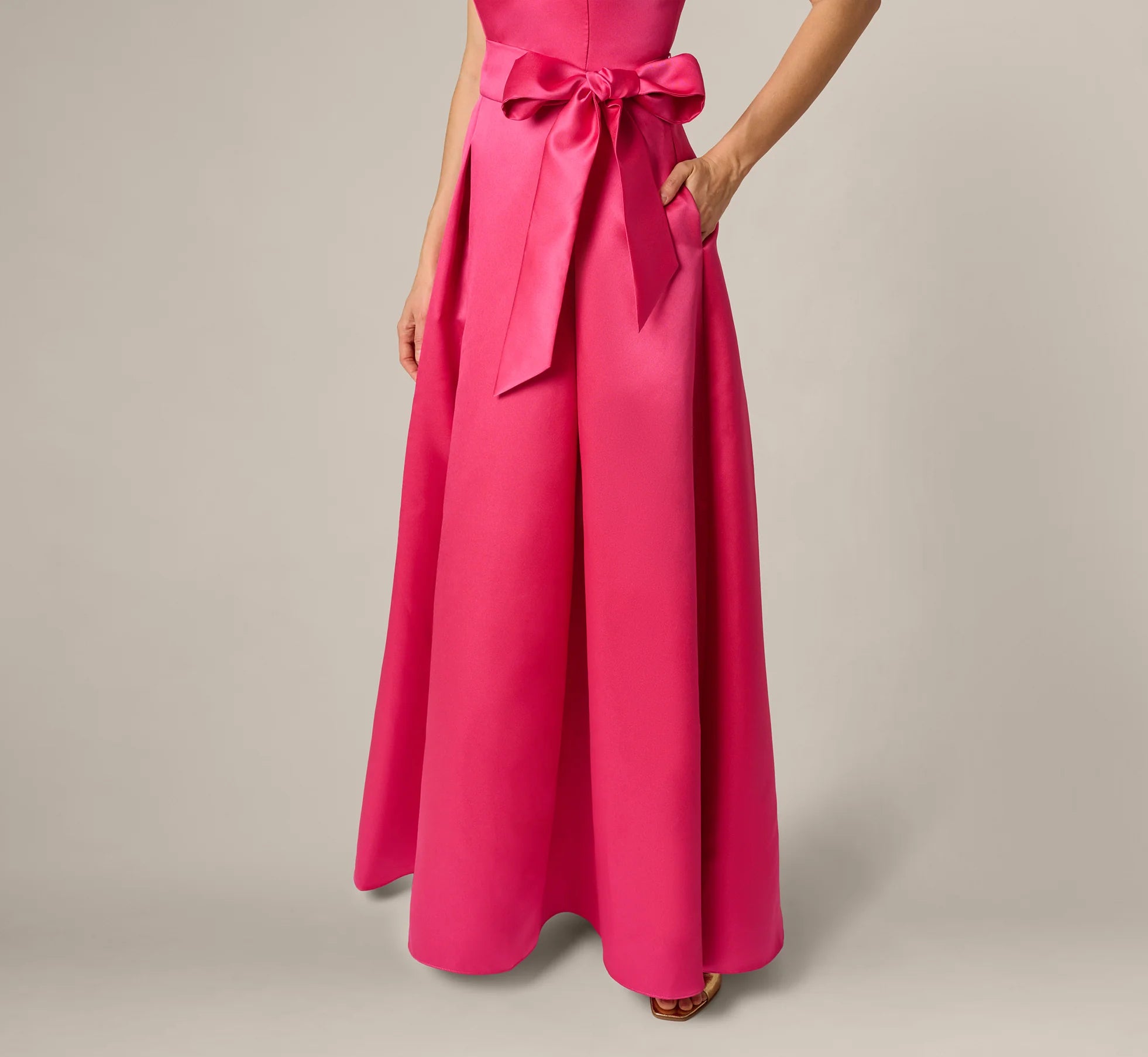 Sleeveless Queen Anne Tie Front Ballgown In Electric Pink