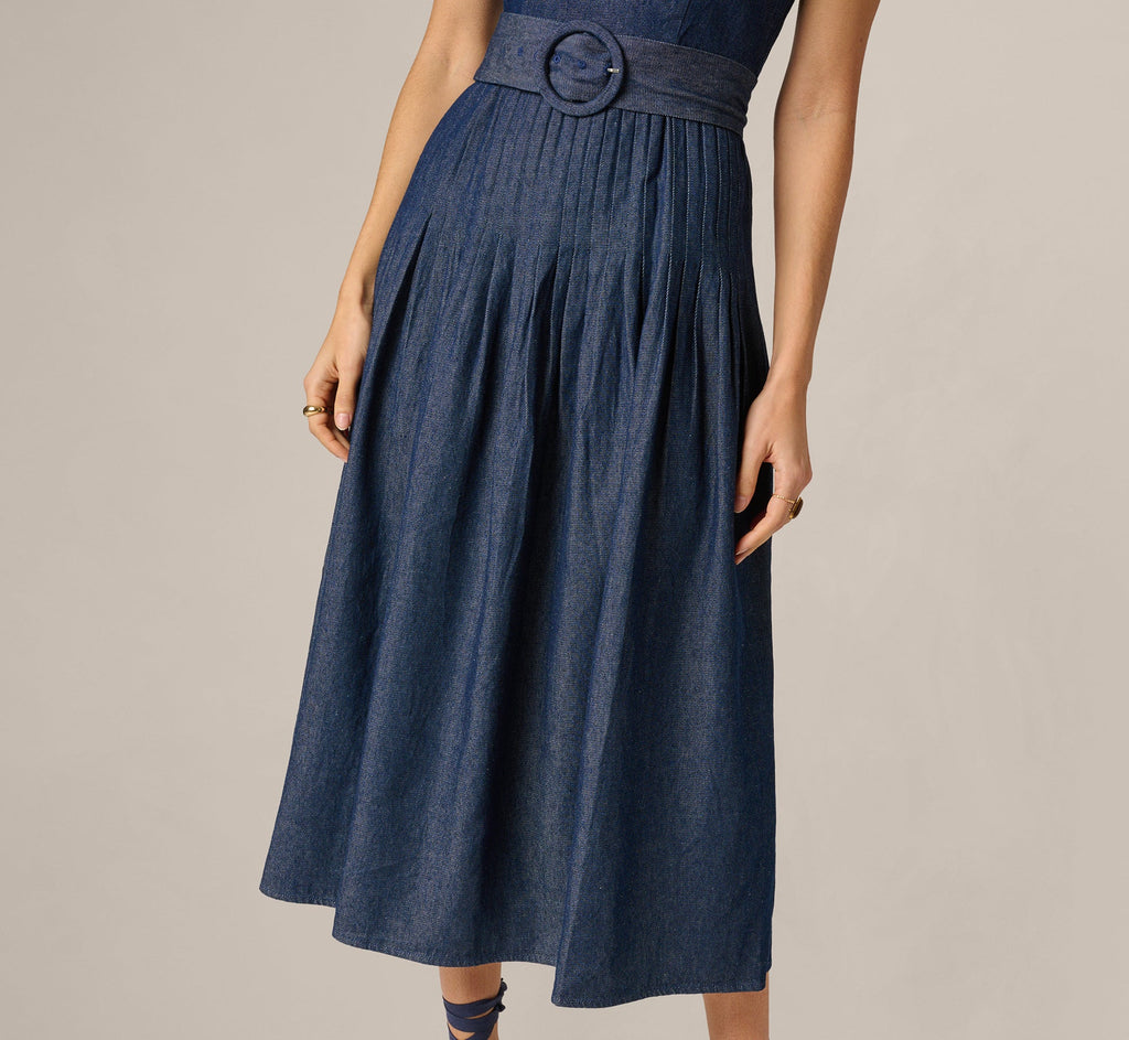 Cotton Denim Drop Waist Belted Midi Dress In Dark Denim