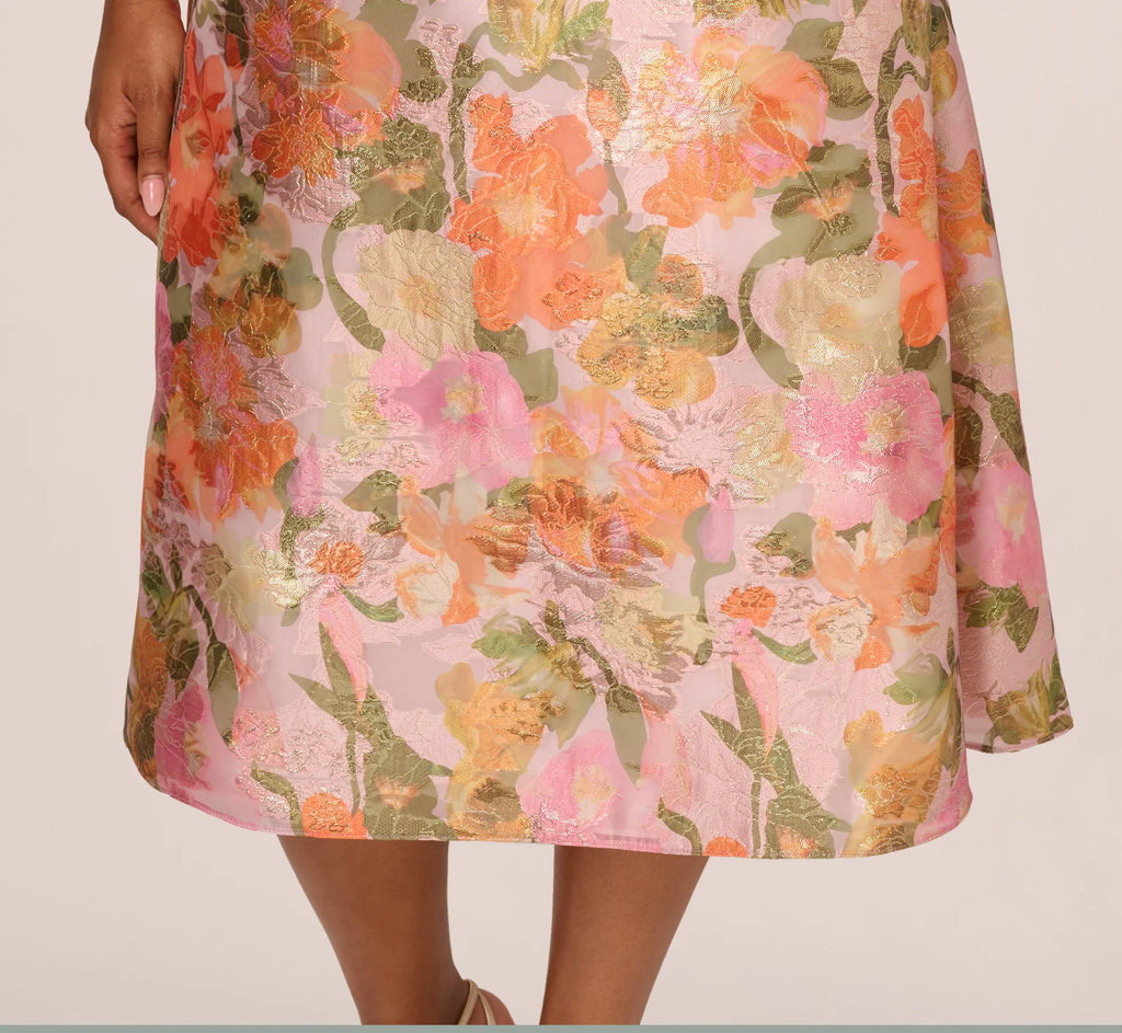 Plus Size Metallic Floral Jacquard Midi Dress In Yellow Orange Multi
