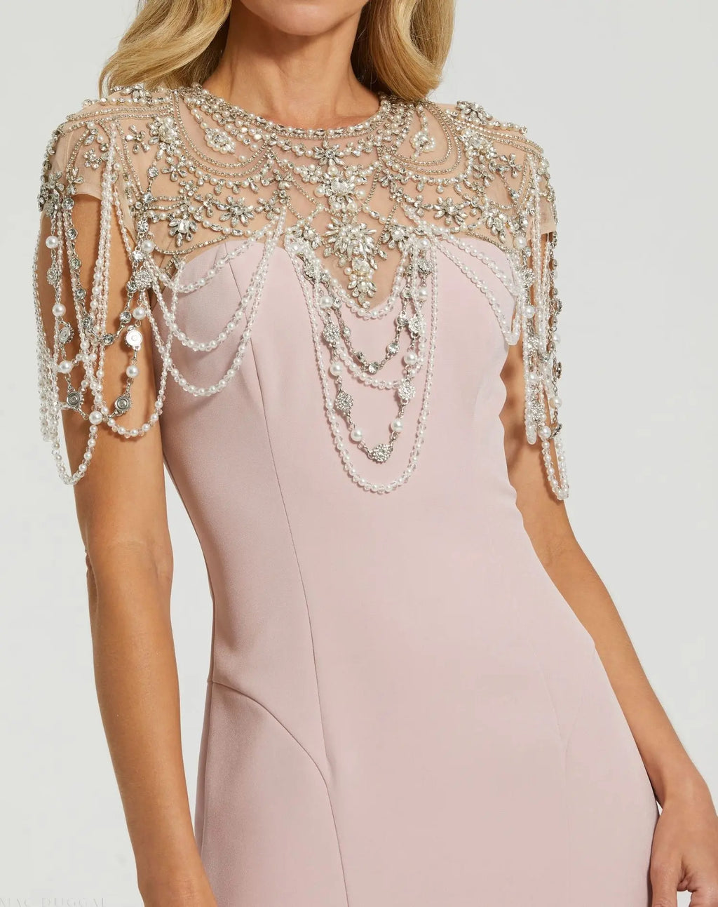 Pink Draped Pearl Beaded Mermaid Gown