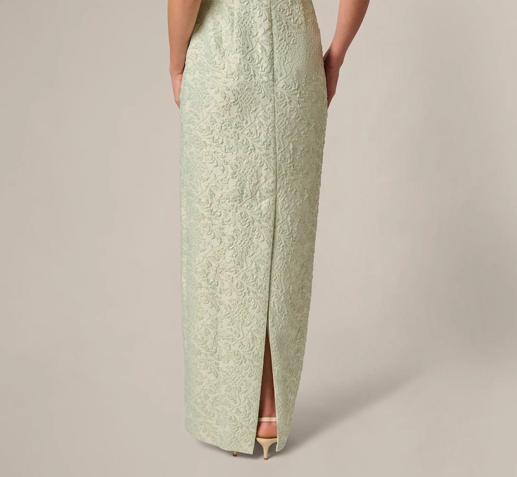 Strapless Metallic Jacquard Column Gown In Mint Glaze