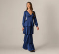 Long Sleeve Satin Tiered Gown In Navy Sateen
