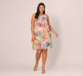 Plus Size Floral Ruffle Chiffon Halter Trapeze Dress In Pink Multi