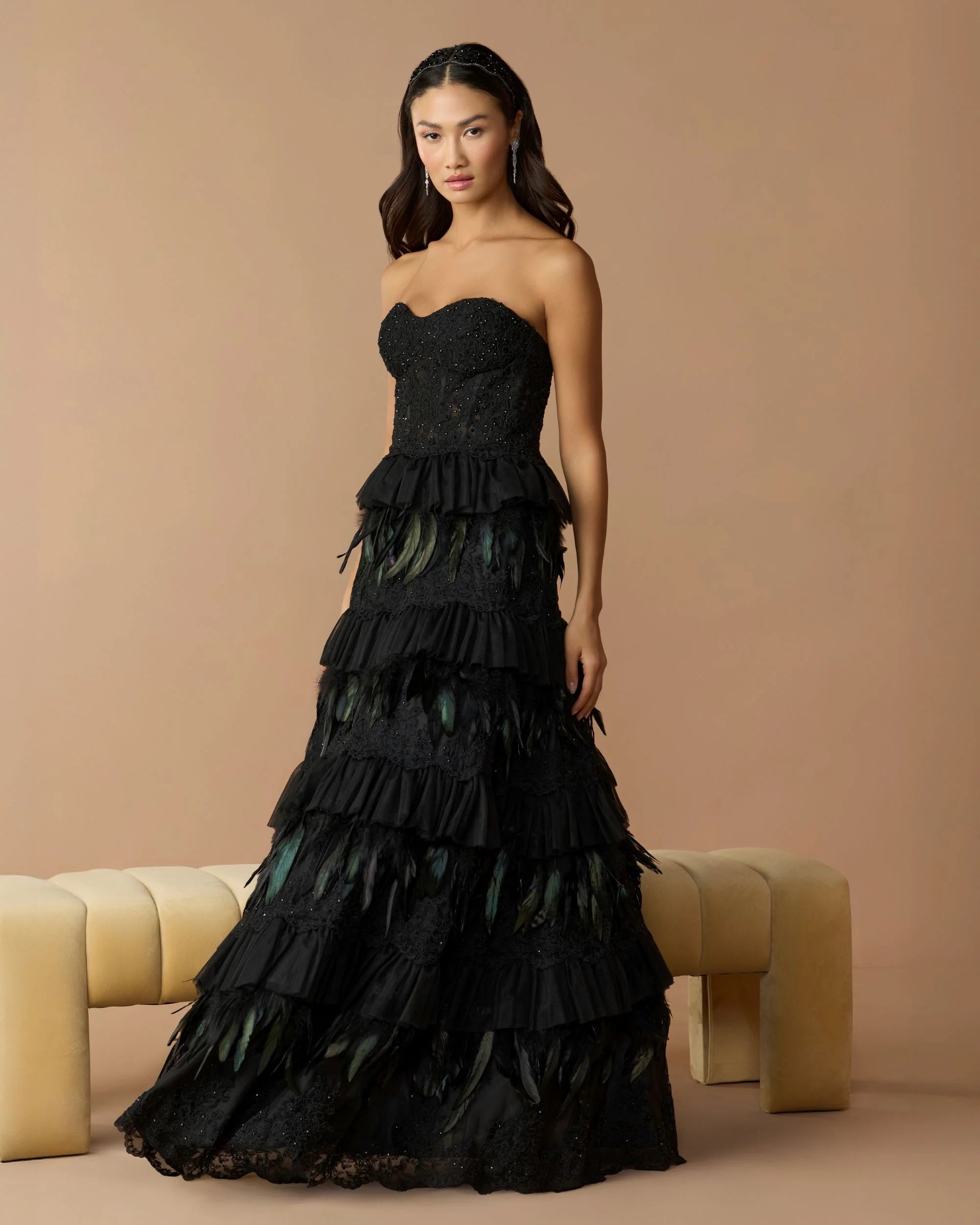 Black Strapless Sweetheart Lace Tiered Feather Ball Gown