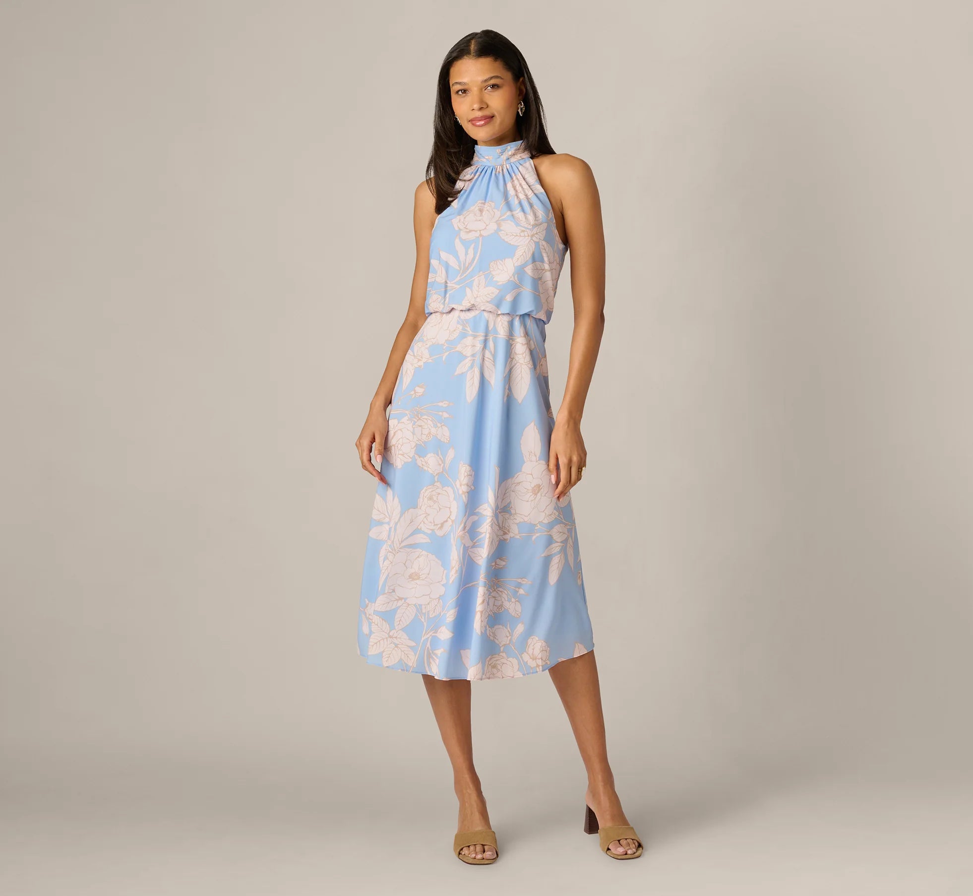 Floral Chiffon Blouson Halter Midi Dress In Blue Ivory