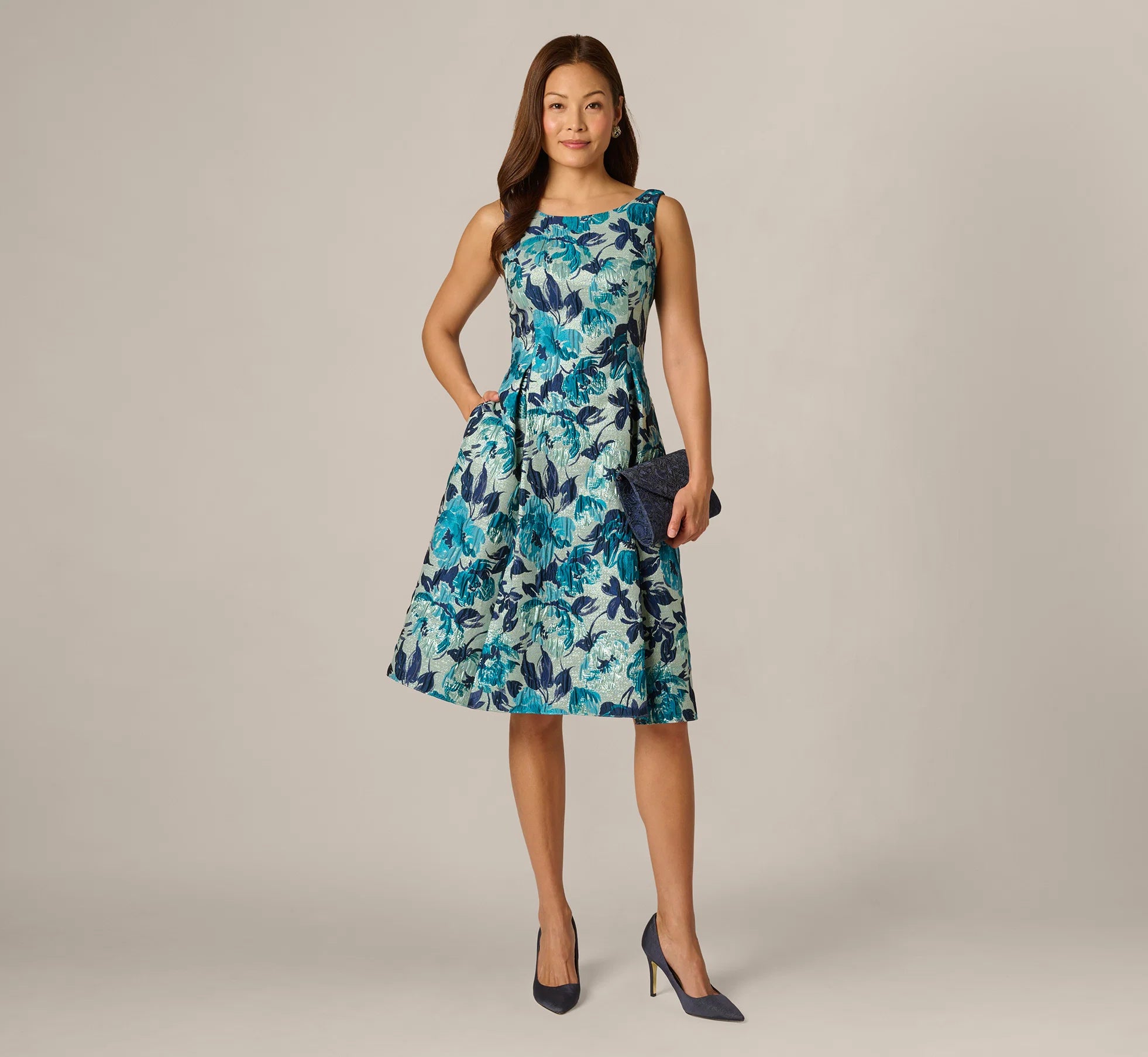 Metallic Floral Jacquard Boat Neck Fit And Flare In Blue Multi