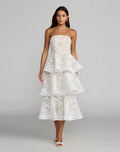 White and Beige Strapless Lace Tiered Ruffle Midi Dress
