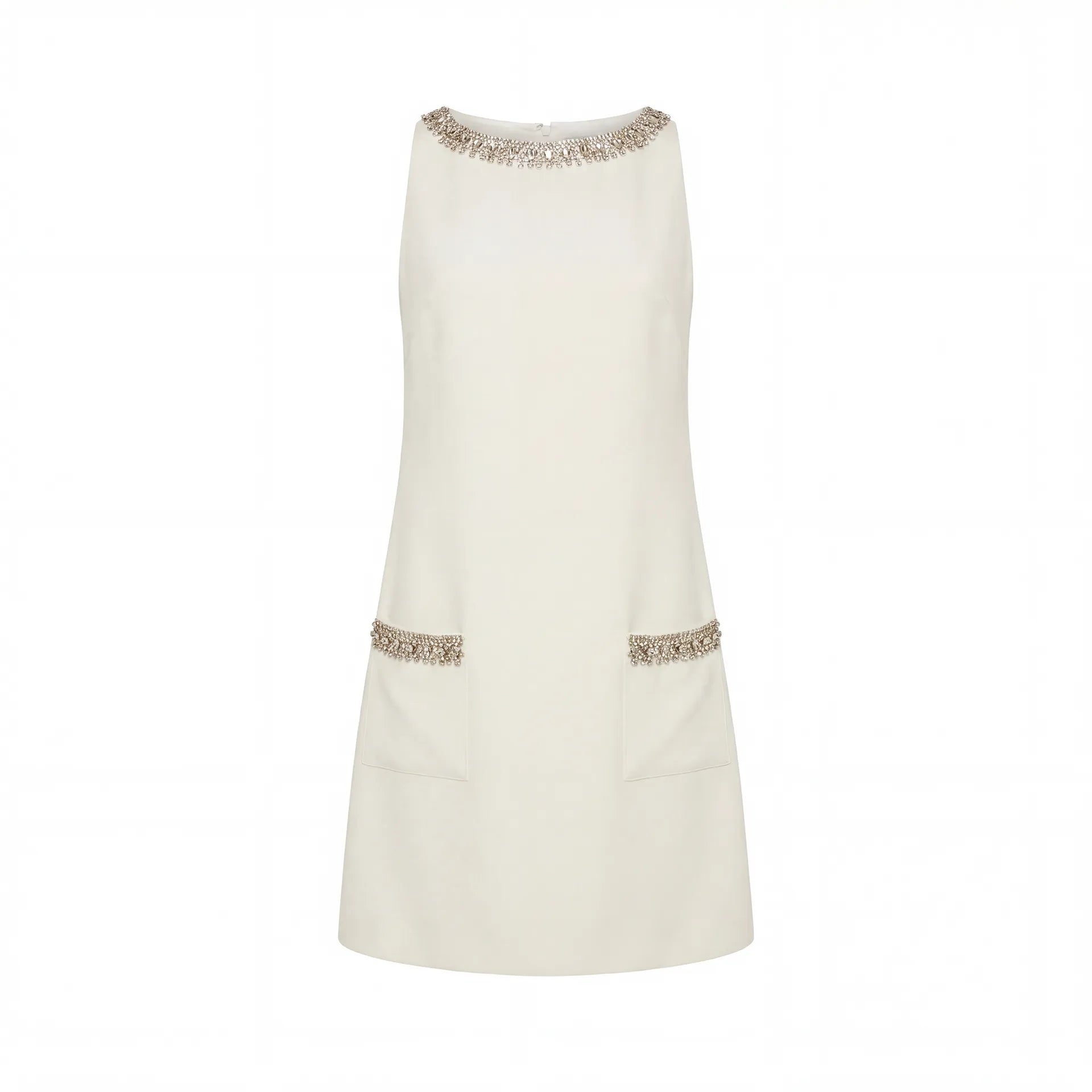 Ivory Sleeveless Shift Mini Dress with Rhinestone Trim