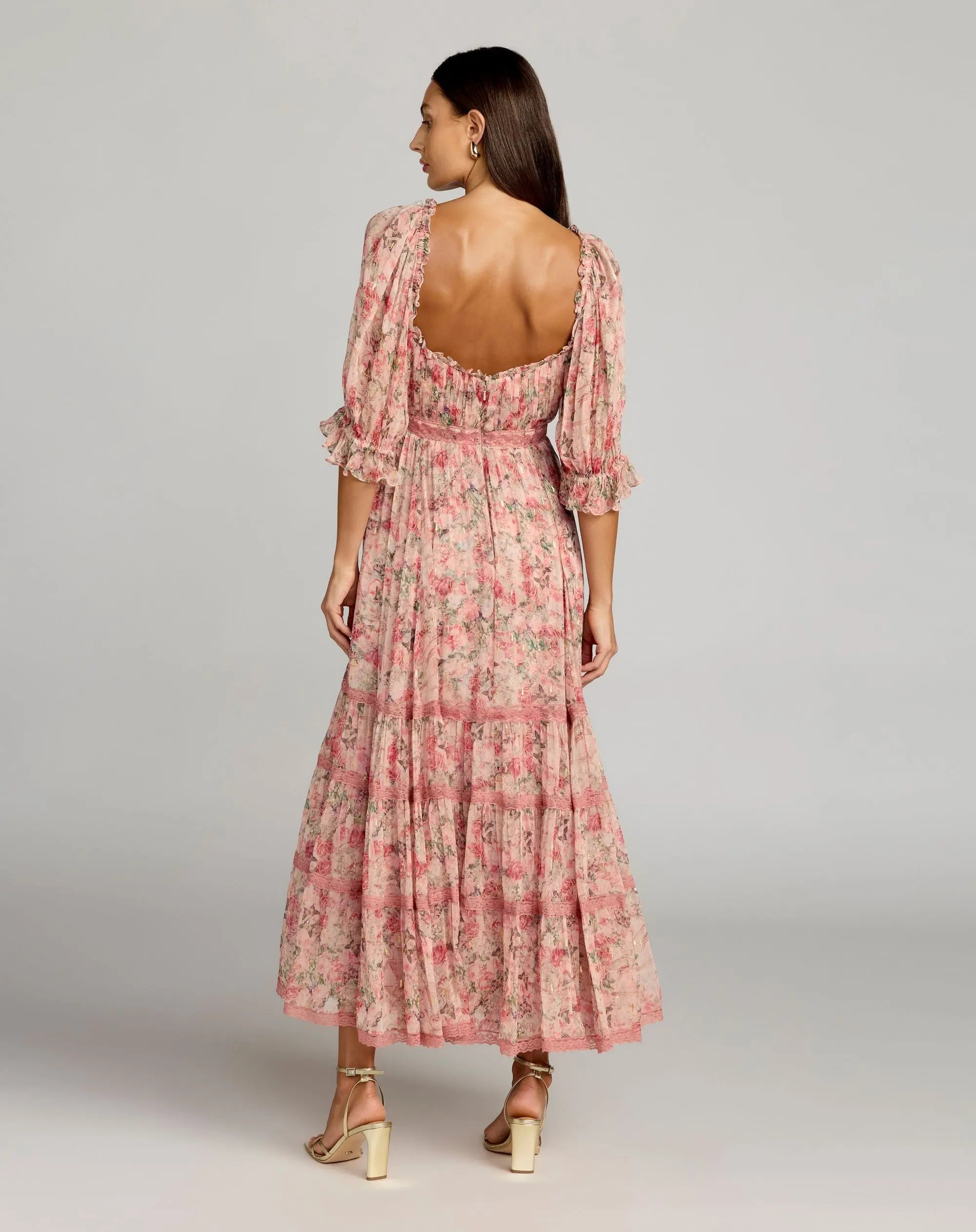 Pink Floral Scoop Neck Midi Dress With 3/4 Sleeves