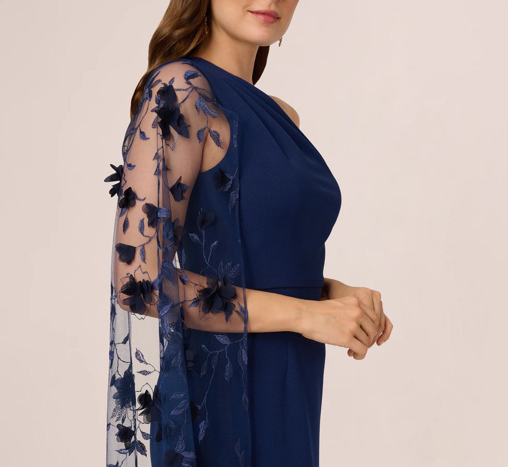 One Shoulder Floral Cape Sleeve Dress In Navy Sateen